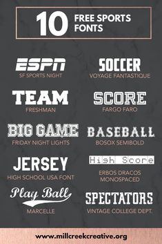 the top ten sports font styles for each team and their respective name on a black background