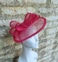 Hot Pink hat fascinator hat for wedding; Bright fuschia pink sinamay straw wedding hat in oval style with double bow decoration. Simple fascinator hat  measuring about 12 inch/20cm. Comfortable to wear, attached to a pink satin covered headband. Pink Sinamay Fascinator For Church, Pink Cloche Mini Hat For Summer, Pink Cloche Fascinator For Church, Pink Cloche Fascinator For Party, Pink Sinamay Mini Hat For Summer, Pink Sinamay Fascinator For Party, Pink Cloche Fascinator For Kentucky Derby, Pink Sinamay Party Hat, Pink Sinamay Fascinator For Formal Occasions