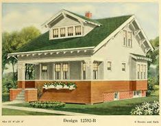 a drawing of a house with green roof and red brick sidings on the front