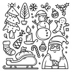 black and white christmas coloring pages with santa, snowman, sleigh, gifts