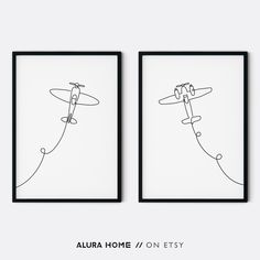 two black and white framed art prints depicting airplanes flying in the sky, with text above them that reads alura home / on etsy