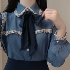 Chiffon blouse with tweed trim details and a detachable neck tie. S: 15" across shoulders, 35" chest, 23" length M: 15.5" across shoulders, 36.5" chest, 23" lengthL: 16" across shoulders, 38" chest, 23" lengthXL: 16.5" across shoulders, 39.5" chest, 23" length Puff Sleeve Tops, Tassel Lace, Bow Tie Blouse, Old Fashion Dresses, Salwar Kamiz, Button Cardigan, Tie Blouse, Long Puff Sleeves