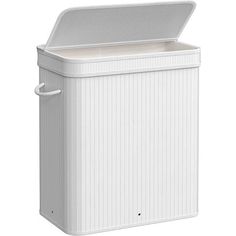 a white plastic trash can with lid and handle on the side, isolated against a white background