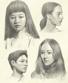 four drawings of people with long hair