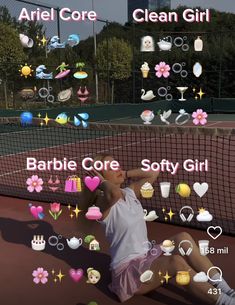 a woman sitting on top of a tennis court holding a racquet next to a net