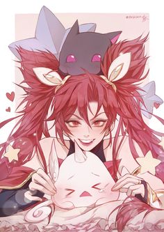 an anime character with red hair holding a cat