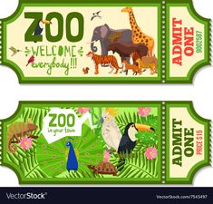 two green tickets with animals and birds on them, one is for zoo zone the other is for jungle land