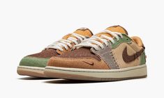 The Air Jordan 1 Low “Voodoo” is a special New Orleans-inspired colorway of the classic sneaker that was released alongside basketball star Zion Williamson’s Nike Zion 2 of the same nickname.  The “Voodoo” theme is undoubtedly inspired by voodoo dolls, a fixture of New Orleans’ lore.  A mismatched color block highlights the shoe’s singular appearance.  Specifically, beige-colored suede is found on the mid-panel and brown suede appears on the perforated toe.  Burlap-like overlays are designed in Logo Wings, Campus Adidas, Jordan 1 Lows, Jordan 11 Women, Nova Orleans, Adidas Sl 72, Lv Sneakers, Zion Williamson, Adidas Spezial