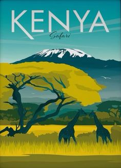 a poster with two giraffes in front of a tree and mountain range