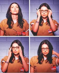 four pictures of a woman in orange prison uniform holding her hands to her ears and looking at the camera