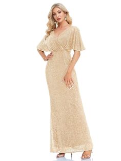 Glowing with elegance, this golden party dress captures the essence of high-end fashion. Its sequin-covered fabric paints a picture of opulence, while the V-neck and body-skimming design enhance a statuesque figure. The flowing skirt adds a note of romance, perfect for special occasions that call for a touch of sparkle and a lot of style. This gown is a must-have for galas or any formal evening event. Size US Bust size (inches) Waist size (inches) Hip size (inches) Length (inches) S 4 34.7 26.8 Sequin V-neck Evening Dress For Party Season, Gold Sequin Dress For Prom Gala, Gold Sequin Prom Dress For Gala, Gold Sequin Dress For Prom And Gala, Glamorous V-neck Sequin Fabric For Wedding, Sequin V-neck Maxi Dress For Party Season, V-neck Sequin Maxi Dress For Party Season, Gold V-neck Holiday Evening Dress, Elegant Gold Sequin Floor-length Dress