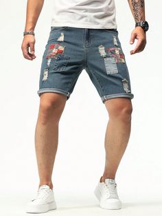 Azul lavado medio  Collar  Mezclilla Gráfico Bermuda Embellished Estiramiento medio Men’s Denim Shorts, Shorts Casual, Women Clothes Sale