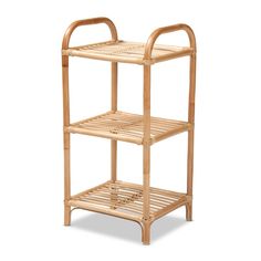 a bamboo shelf with two shelves on each side