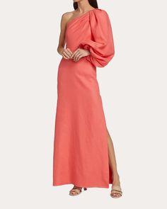 No Pise La Grama Corazonada One Shoulder Linen Maxi Dress | OLIVELA One Shoulder Neckline, A Line Evening Dress, Asymmetric Neckline, Dress Back, Linen Maxi Dress, Thigh High, Dress Backs, Thigh Highs, Evening Dress