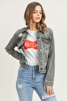 Vintage Grey Washed Jean Jacket True to size and stretchy! Risen's signature vintage wash denim jacket will easily become anyone's favorite! Length 22" | Chest 36.5" in size Small 64.3% Cotton, 22% Polyester, 11.9% Viscose, 1.8% Lycra Spring Washed Black Denim Jacket, Acid Wash Outerwear With Frayed Hem For Fall, Distressed Denim Jacket With Relaxed Fit For Fall, Relaxed Fit Distressed Denim Jacket For Fall, Acid Wash Relaxed Fit Denim Jacket For Fall, Distressed Washed Black Outerwear For Spring, Acid Wash Denim Jacket With Frayed Hem For Fall, Spring Distressed Washed Black Denim Jacket, Spring Washed Black Distressed Denim Jacket