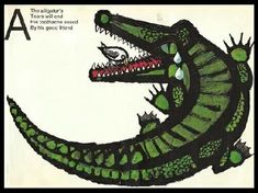 a drawing of a green alligator with its mouth open and teeth out, sitting in front of the letter a