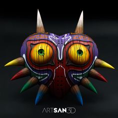 a colorful mask with horns and eyes on a black background that says artisan 3d