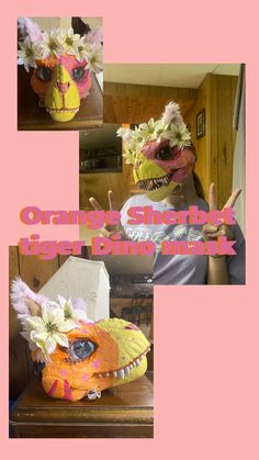 Painted with acrylic paint. Ears are stuffed and fake flowers are used on head. Eyes are dryer sheets. Has adjustable straps to fit all heads Dino Mask, Orange Sherbet, Dryer Sheets, Costume Hats, Holiday Deals, Fake Flowers, Costume Accessories, Acrylic Paint, Etsy App