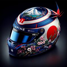 a helmet with flowers painted on it and mountains in the backgroung, against a black background