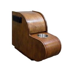 a wooden toilet with a metal bowl on the front and side panel in the back