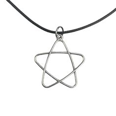 an image of a silver pendant on a black leather cord with a star charm hanging from it