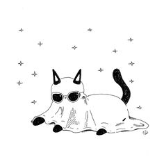 a black and white drawing of a cat with sunglasses on it's head laying down