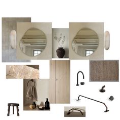 a collage of photos with various objects including mirrors and lights