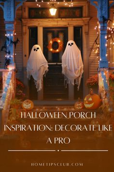 two halloween porch decorations with the words, halloween porch inspiration decorate like a pro