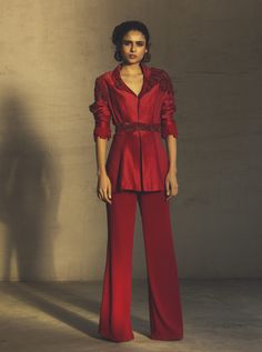 Parul And Preyanka-Red Jacket With Pants & Belt-INDIASPOPUP.COM Long Sleeve Jumpsuit Formal, Jumpsuit Formal, House Wear, Diwali Outfits, Embroidered Belt, Festive Collection, Easy Trendy Outfits, Indian Designer Outfits, Red Pants