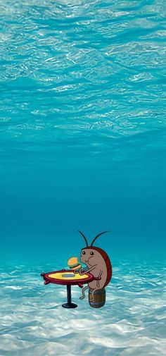 a cartoon character sitting on top of a surfboard in the ocean