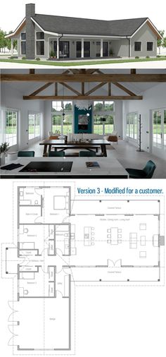 the floor plan for a modern house with an open kitchen and living room in it