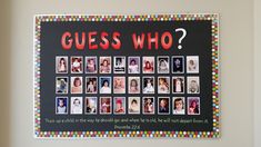 a blackboard with pictures and words on it that says guess who? written in red