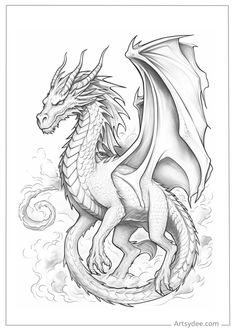 a black and white drawing of a dragon