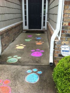 the sidewalk has paw prints painted on it and there is a black door in the background