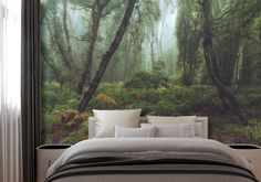 a bed sitting under a window next to a forest filled with lush green plants and trees