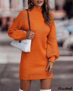 Olivia Mark - Stylish High Neck Lantern Sleeve Dress for Casual Occasions High Neck Sweater Dress, Chique Outfits, Outfit Chic, Solid Sweaters, Ladies Turtleneck Sweaters, Turtleneck Sweater Dress, Estilo Chic, High Neck Sweater, Long Sleeve Knit Sweaters