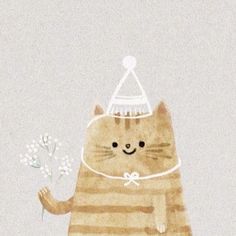 a drawing of a cat wearing a party hat and holding a flower in it's hand