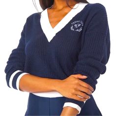 This Sweater By Weworewhat Features A Cable Knit Fabric, Ribbed Trim, An Embroidered “Tennis Club” Logo, V-Neckline, And Pullover Styling Size: M/L Brand New With Tags Same Or Next Day Shipping Color: Navy Blue/ White Viscose, Nylon, Polyester Casual Blue Tops For Winter, Blue Varsity Sweater For Fall, Blue Varsity Style Tops, Preppy Long Sleeve Tops With Ribbed Cuffs, Blue Tops For Campus In Fall, Preppy Fall Tops With Ribbed Cuffs, Navy Preppy Sweater For Fall, Oversized Polo Sweater, Oversized Polo