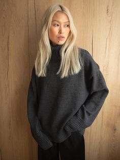 Merino Sheep Wool Turtleneck Women Sweater, Grey Woolen Oversized High Neck Pullover, Knitted Grey Jumper, Christmas Knitwear Mom, Wife Gift