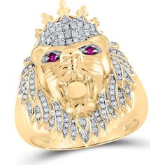 GND 10K Yellow Gold Lion Ring with Pavé-Set Round Diamonds and Ruby Eyes - 0.39 Carat Diamonds and 0.06 Carat Rubies Animal Ring, Lion Ring, Gold Lion, Animal Rings, Size 10 Rings, Natural Ruby, Delicate Necklace, Bold Fashion, High Quality Jewelry