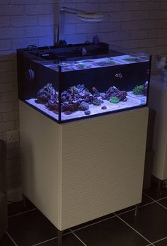 a fish tank is lit up with blue lights in the dark, next to a white brick wall