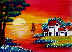 a painting of a house and boat on the water at sunset, with words written above it