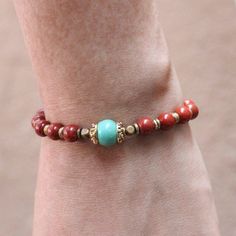 Bracelets - Genuine Red Jasper And Turquoise Gemstone Mala Bracelet Red Gemstone Beaded Bracelet Bohemian Style, Red Bohemian Beaded Gemstone Bracelet, First Chakra, Anklets Diy, Leather Anklets, Bead Soup, Anklet Designs, Divine Guidance, Ankle Chain