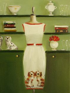 a painting of a white dress on a mannequin in front of green shelves