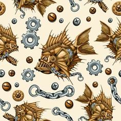 an image of a pattern that looks like fish with chains and gears on it's face