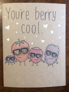 a card that says, you're berry cool with three sheep wearing sunglasses and an apple