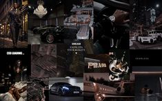 a collage of photos with cars, people and buildings in the background at night