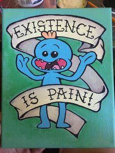 a book with an image of a blue cartoon character holding a banner that says experience is pain