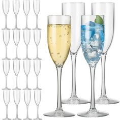 there are many wine glasses with different types of drinks in them and one is filled with ice