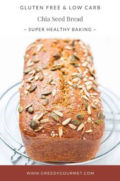 a loaf of gluten free and low carb chia seed bread on a wire rack